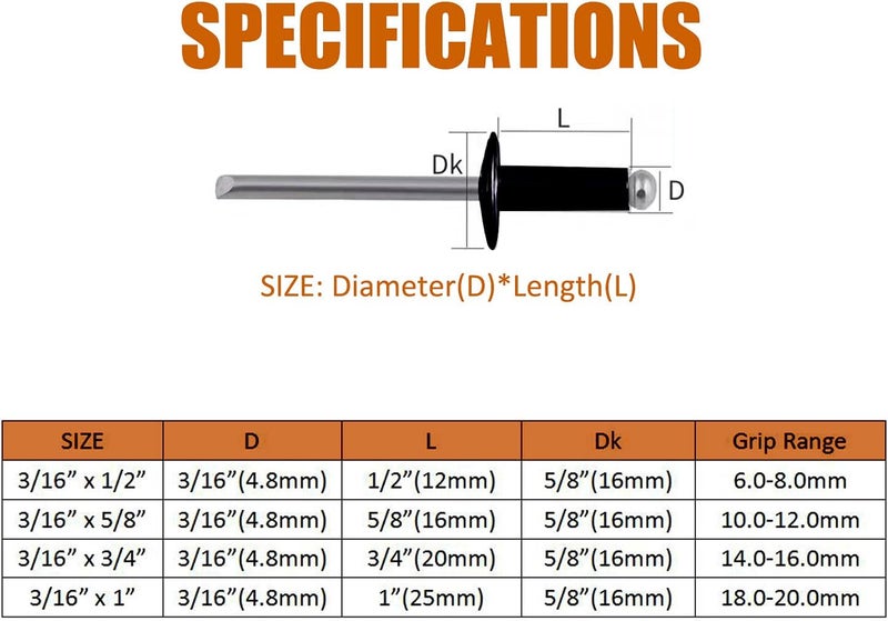 ISPINNER 100pcs 3/16" x 1/2" Large Flange Aluminum Blind Rivets, Pop Rivets Grip Grange 6-8mm (Black) - Image 3